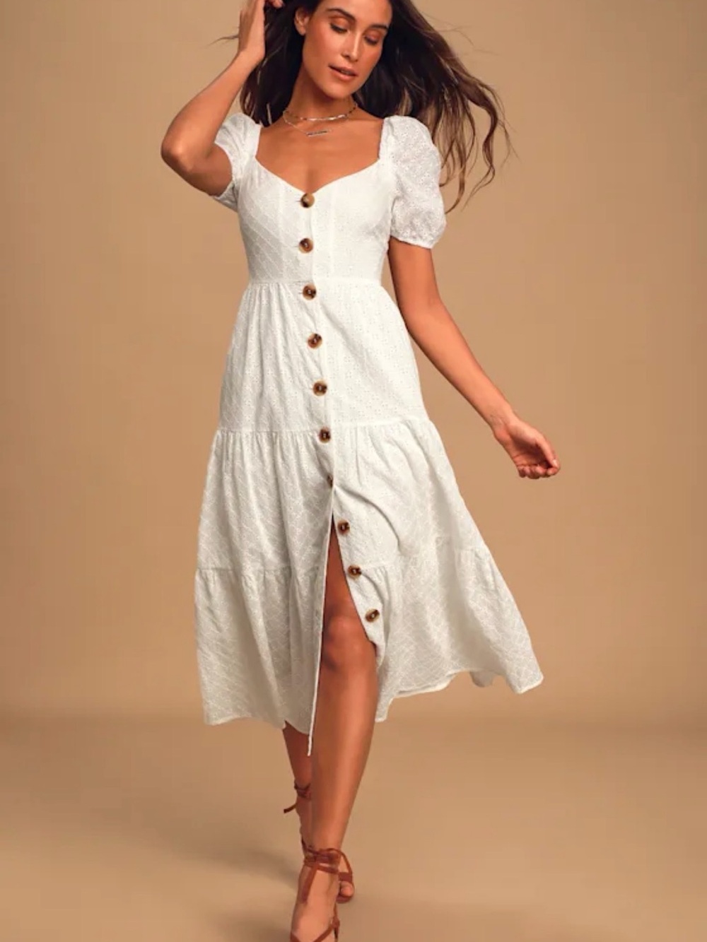 You're My Home White Eyelet Lace Button Front Tiered Midi Dress *cropped